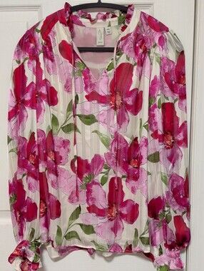 Joie Floral With Pink, Red, Green, & Cream Tie-Neck Blouse